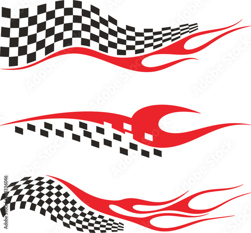 Vector Racing Flame Designs with Checkered Flags for Vehicle Vinyl Decals. Ready-to-cut graphics, great for sport cars, ATVs, trucks, motors and bikes.