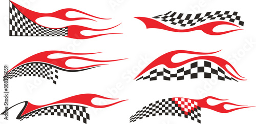 Vector Racing Flame Designs with Checkered Flags for Vehicle Vinyl Decals. Ready-to-cut graphics, great for sport cars, ATVs, trucks, motors and bikes.