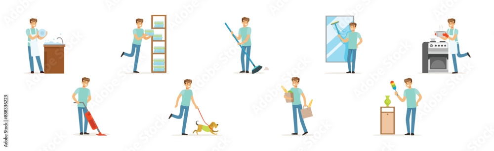 Obraz premium Man Character Doing Household and Domestic Chores Vector Set