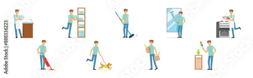 Man Character Doing Household and Domestic Chores Vector Set