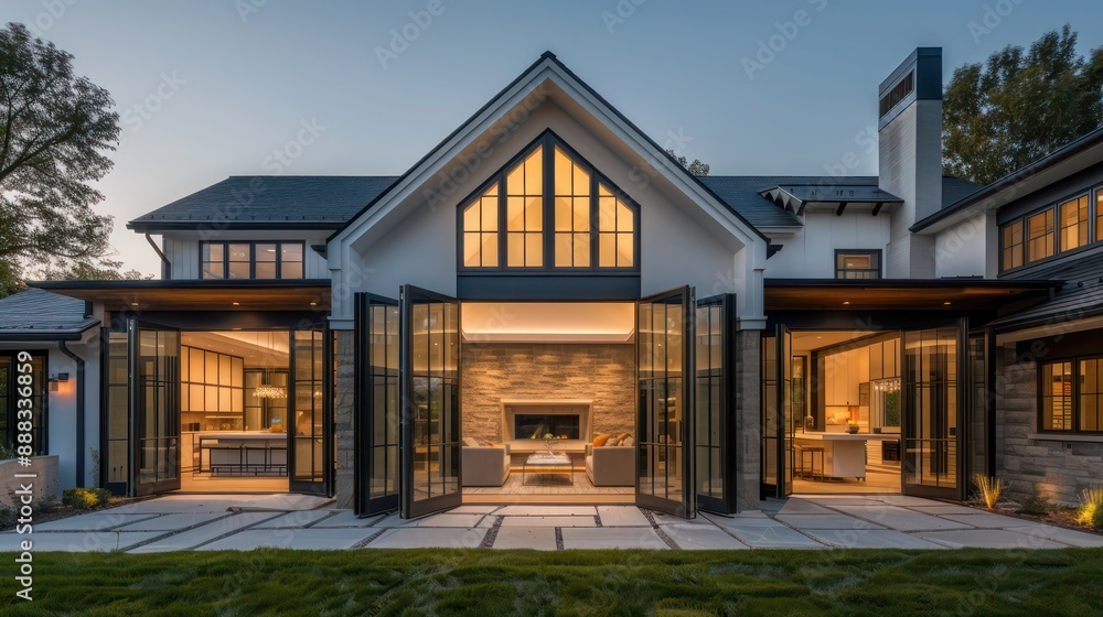 Obraz premium modern suburban farmhouse with a front facade dominated by large, pivoting glass doors that open to blend the indoor and outdoor living spaces