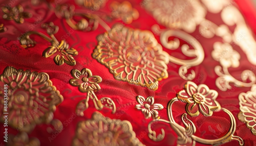 Close Up of Red Fabric With Gold Embroidered Flowers Close Up of Red Fabric With Gold Embroidered Flowers