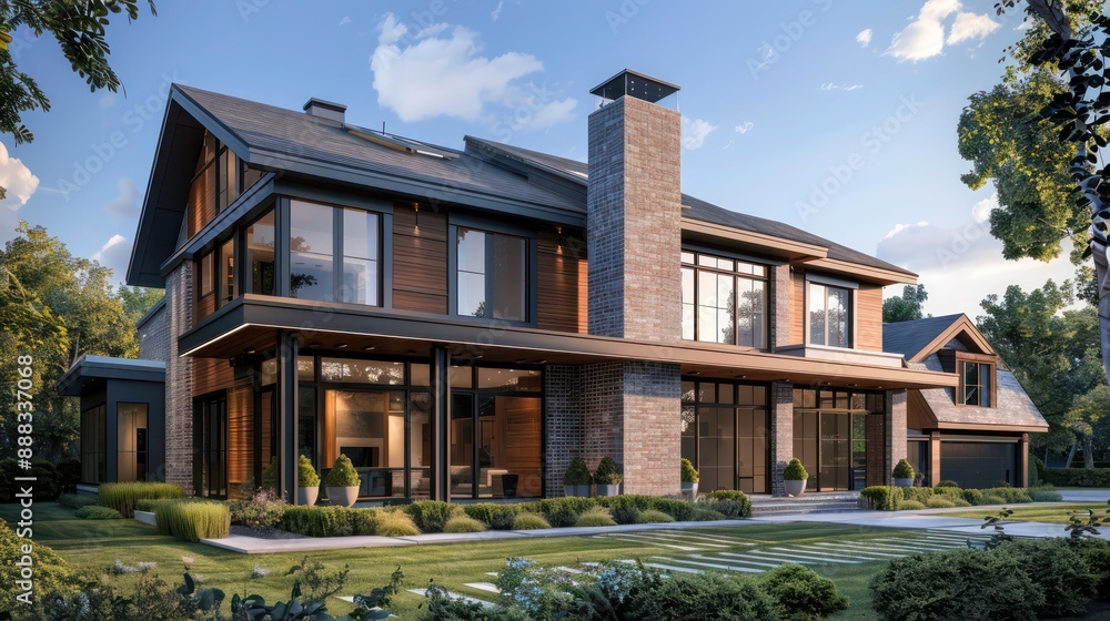 Fototapeta premium modern suburban farmhouse with a blend of brick and wood materials, creating a visually stunning exterior