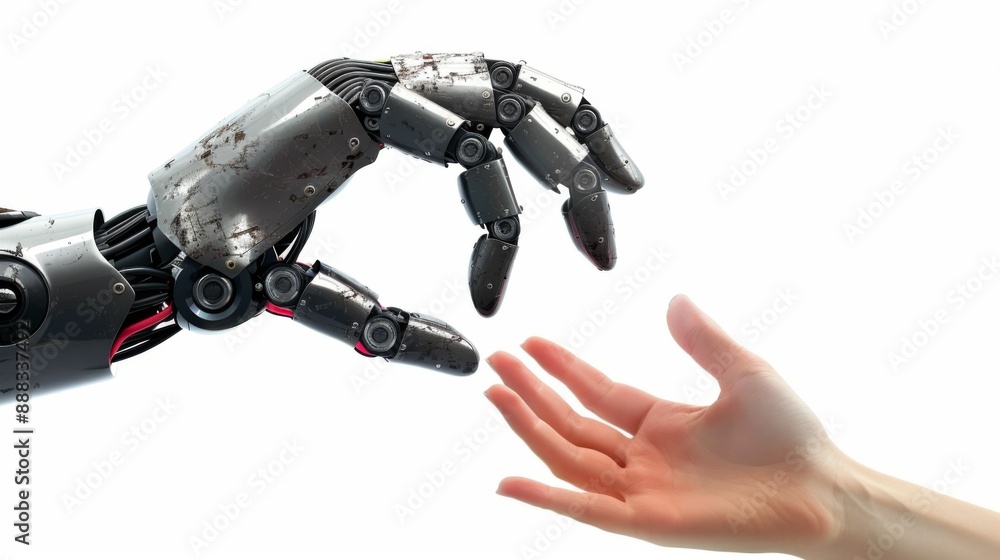 Hands of robot and human touching. modern remake of The Creation of Adam, Machine learning Hands of robot and human touching. modern remake of The Creation of Adam, Machine learning