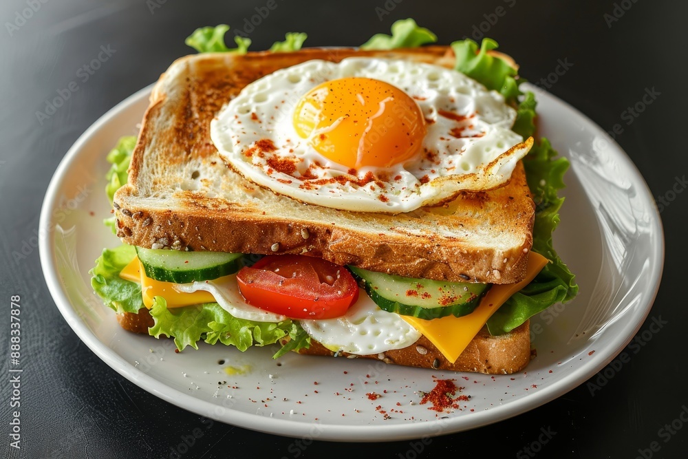 Homemade sandwich on white plate with fried egg melted cheese vegetables burgers and mayonnaise sauce viewed from above on a black background Homemade sandwich on white plate with fried egg melted cheese vegetables burgers and mayonnaise sauce viewed from above on a black background