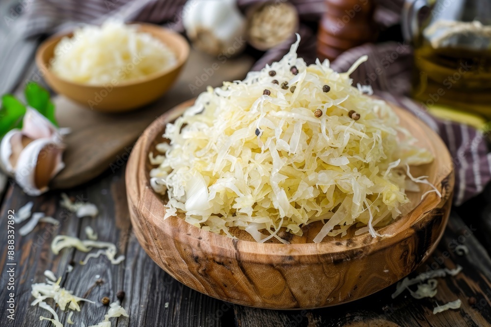 Homemade sauerkraut served on wood plate Homemade sauerkraut served on wood plate