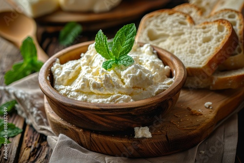 Homemade ricotta on bread with mint decoration Selective focus