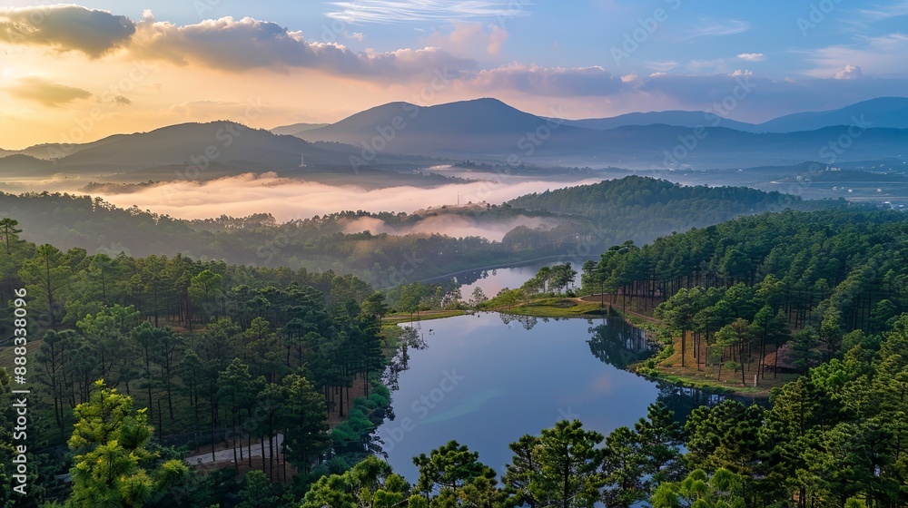 A small corner of the mountains and pine forests of Da Lat city on the Tuyen Lam Lake peninsula, a famous landscape of Da Lat, in the early morning. A small corner of the mountains and pine forests of Da Lat city on the Tuyen Lam Lake peninsula, a famous landscape of Da Lat, in the early morning.