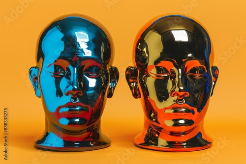 Reflective golden and silver heads on a vibrant orange background creating a striking contrast and exploring themes of duality identity and modern art in a bold conceptual composition