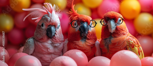 Three Parrots Wearing Glasses Sit In A Ball Pit photo
