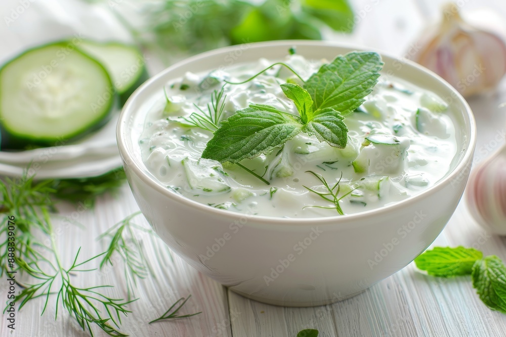 Indian raita with yogurt cucumber herbs Greek tzatziki on white background Greek Indian cuisine Indian raita with yogurt cucumber herbs Greek tzatziki on white background Greek Indian cuisine
