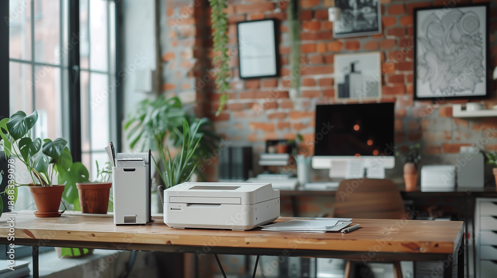 Small Printer in a Modern Loft Office Setting. The image showcases a compact printer placed on a wooden desk in a contemporary loft-style office. Small Printer in a Modern Loft Office Setting. The image showcases a compact printer placed on a wooden desk in a contemporary loft-style office.