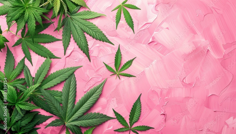 Green Cannabis Leaves on a Pink Background Green Cannabis Leaves on a Pink Background
