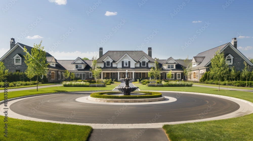Fototapeta premium Luxurious suburban farmhouse with a large circular driveway, and a water fountain in the center, flanked by manicured lawns