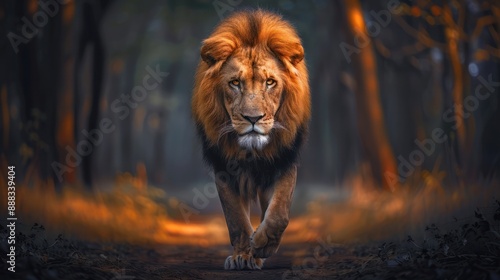 Male lion walking looking straight at the camera, national wildlife day