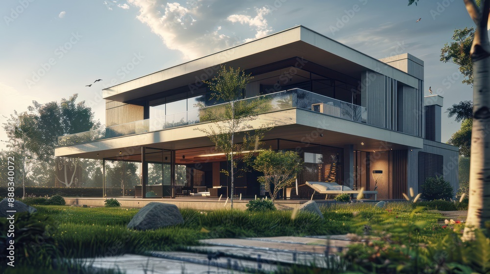 Modern suburban house with metal exterior and large balcony. Modern suburban house with metal exterior and large balcony.