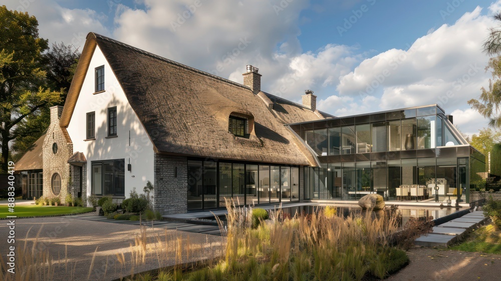 suburban farmhouse with a blend of old and new architecture, featuring a thatched roof and sleek glass extensions suburban farmhouse with a blend of old and new architecture, featuring a thatched roof and sleek glass extensions