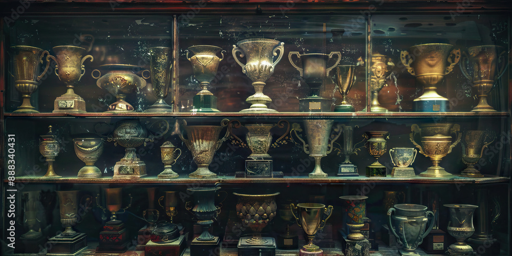 The Hollow Victories of Self-Destruction: A trophy case filled with empty, dusty trophies, symbolic of the empty triumphs of a doomed society. The Hollow Victories of Self-Destruction: A trophy case filled with empty, dusty trophies, symbolic of the empty triumphs of a doomed society.
