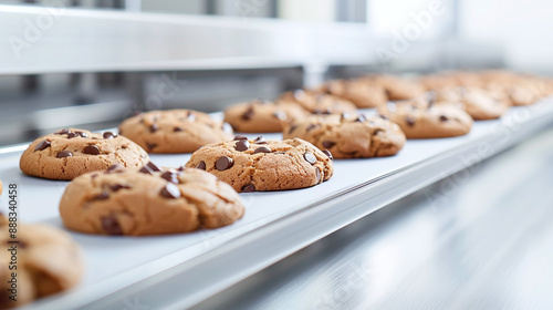 trays of freshly baked chocolate chip cookies ready for packaging, industrial setting, mass production