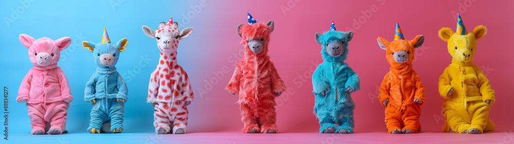 Seven Plush Animal Toys Wearing Pajamas Standing in a Row Seven Plush Animal Toys Wearing Pajamas Standing in a Row