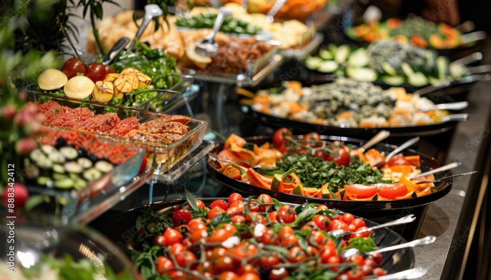A Buffet Spread Of Fresh Salads, Vegetables, And Other Foods Ready For Serving A Buffet Spread Of Fresh Salads, Vegetables, And Other Foods Ready For Serving