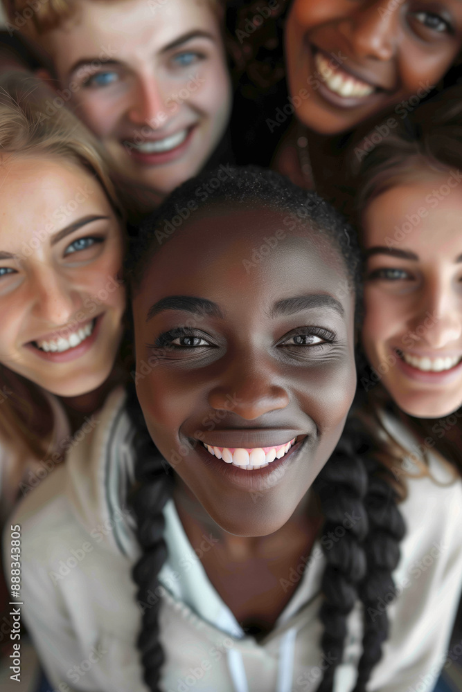 A group of diverse friends smiling and looking up at the camera. The close-up shot captures the joyful expressions and camaraderie among the group, highlighting the diversity and unity. A group of diverse friends smiling and looking up at the camera. The close-up shot captures the joyful expressions and camaraderie among the group, highlighting the diversity and unity.