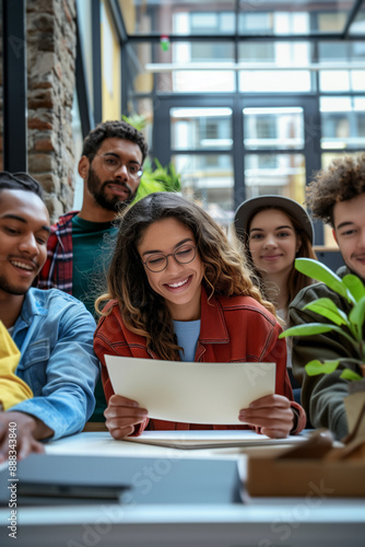A group of young professionals sitting together and reviewing a document. Their engagement and the casual yet focused atmosphere in a modern office setting with natural light and plants.