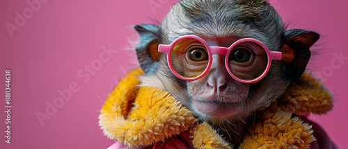 Closeup Portrait of a Monkey Wearing Pink Glasses and a Furry Jacket Against a Pink Background