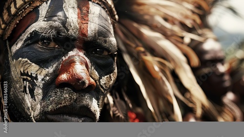 Asmat headhunters and woodcarvers in traditional tribal dress. photo