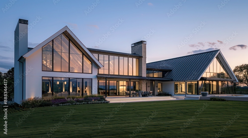 Obraz premium Contemporary suburban farmhouse with a dynamic, angular roofline and large, multi-paneled windows that provide views of the expansive property