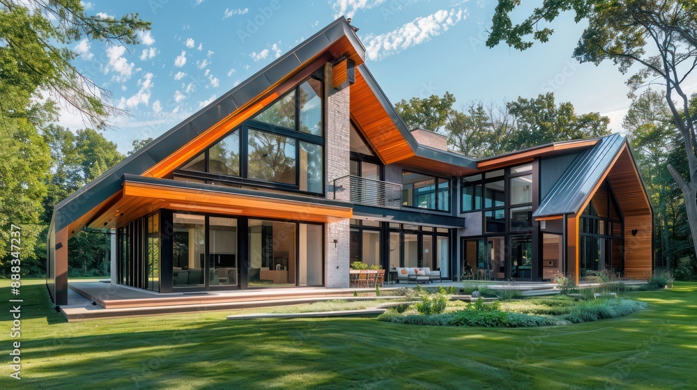 Contemporary suburban farmhouse with a bold architectural structure, featuring angular lines and a dynamic mixture of wood and glass Contemporary suburban farmhouse with a bold architectural structure, featuring angular lines and a dynamic mixture of wood and glass
