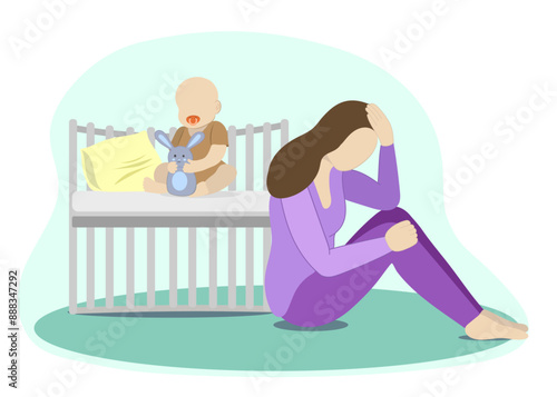 Postpartum depression flat vector illustration. Postpartium depression upset, sad brown hair mother crying at baby crib, depressed desperate mom tired woman after pregnancy.