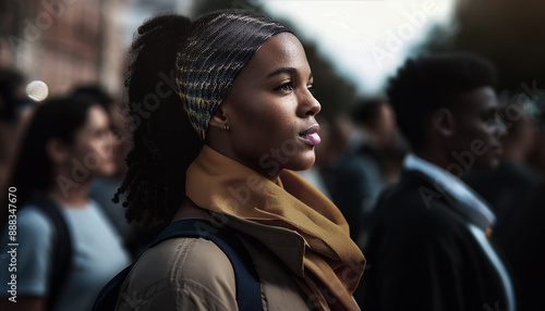 JOVEM MULHER MARCHANDO EM PROTESTO PELOS DIREITOS HUMANOS , PELA IGUALDADE RACIAL E DE GÊNERO photo