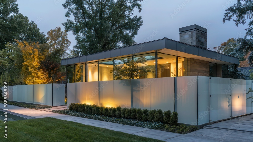 Contemporary suburban farmhouse with angular, frosted glass panels as fencing, providing privacy while maintaining a sleek look Contemporary suburban farmhouse with angular, frosted glass panels as fencing, providing privacy while maintaining a sleek look