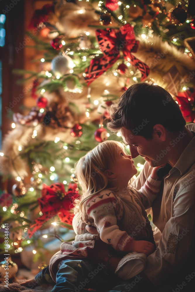 Father with boy child toddler around the christmas tree Father with boy child toddler around the christmas tree