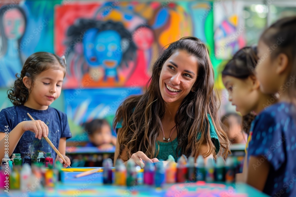 A cheerful teacher smiles while engaging with children in an art class. A cheerful teacher smiles while engaging with children in an art class.