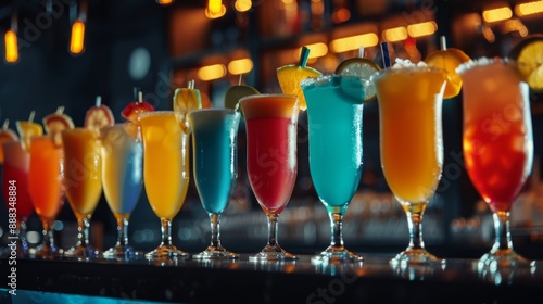 Line of alcoholic cocktails in a nightclub bar counter, colorful party drinks. Bar menu concept