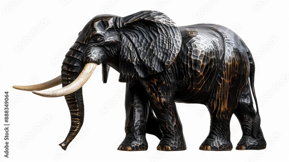 Fototapeta premium wooden statue of a black african elephant with ivory tusks and toes isolated on white blackground
