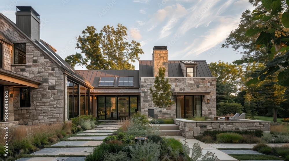 suburban farmhouse with a unique blend of stone and wood exterior materials, complemented by modern landscaping suburban farmhouse with a unique blend of stone and wood exterior materials, complemented by modern landscaping