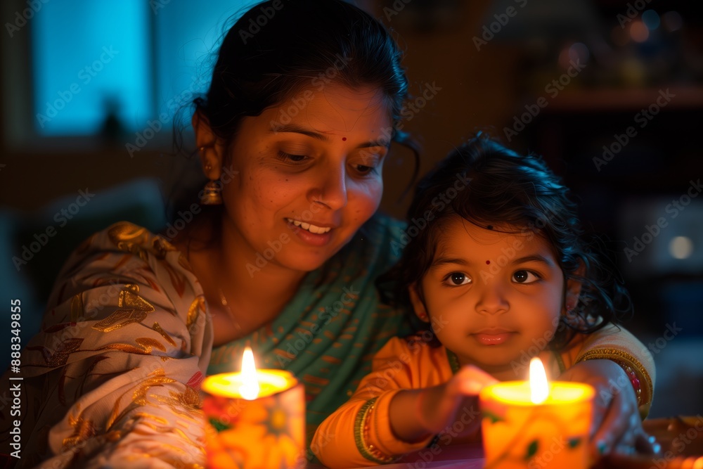 A heartfelt moment of a mother and her young daughter celebrating Diwali together. A heartfelt moment of a mother and her young daughter celebrating Diwali together.