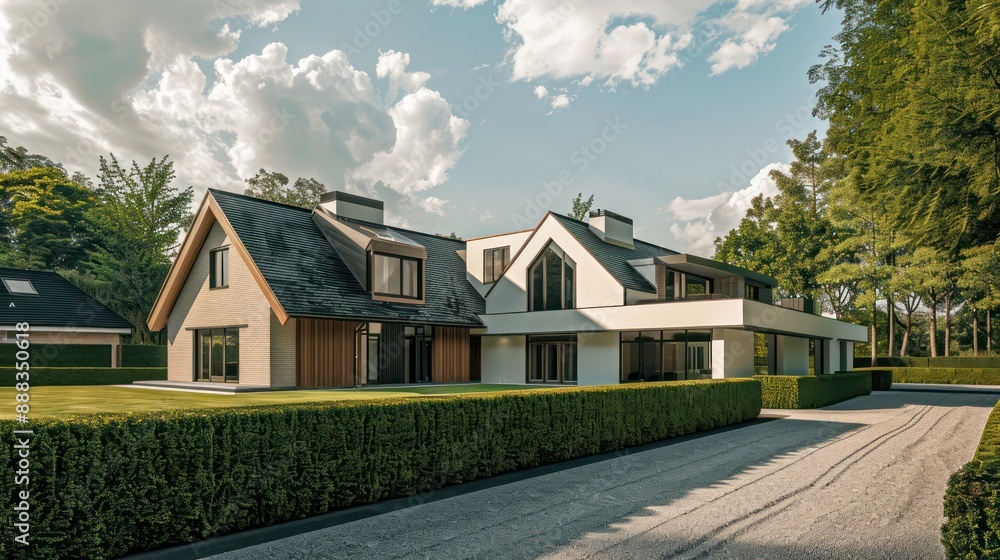 Fototapeta premium spacious modern farmhouse in the suburbs with a unique L-shaped layout, surrounded by neatly trimmed hedges