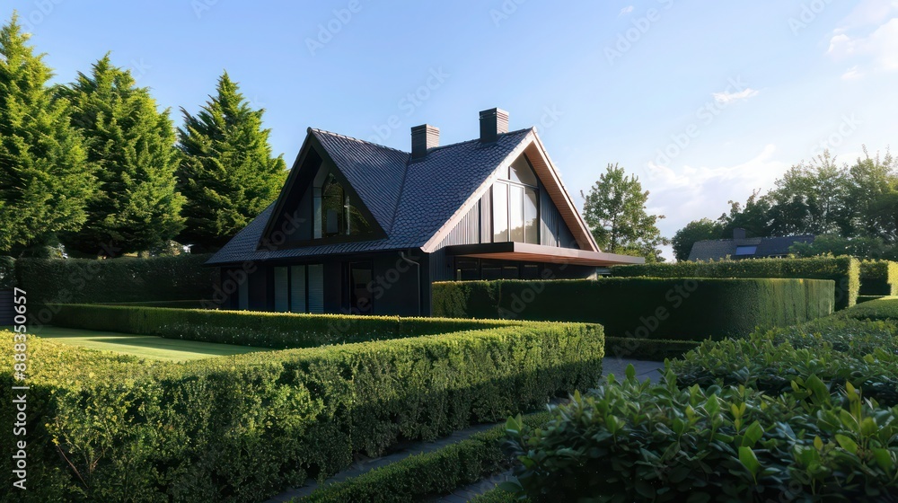 Fototapeta premium spacious modern farmhouse in the suburbs with a unique L-shaped layout, surrounded by neatly trimmed hedges