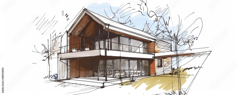 Linear sketch of a modern detached house with minimalist design. Linear sketch of a modern detached house with minimalist design.