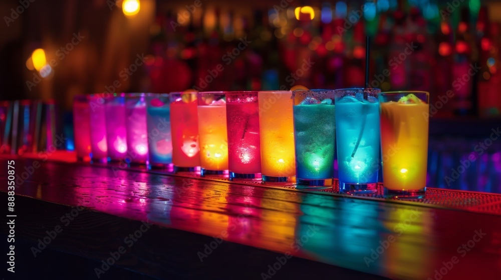 Line of alcoholic cocktails in a nightclub bar counter, colorful party drinks. Bar menu concept Line of alcoholic cocktails in a nightclub bar counter, colorful party drinks. Bar menu concept