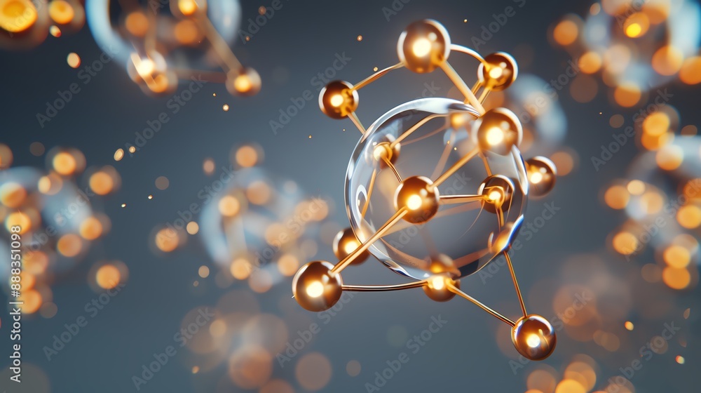 Fototapeta premium Image of a molecule with a blue and gold color scheme. Molecule is made up of spheres connected by bonds.