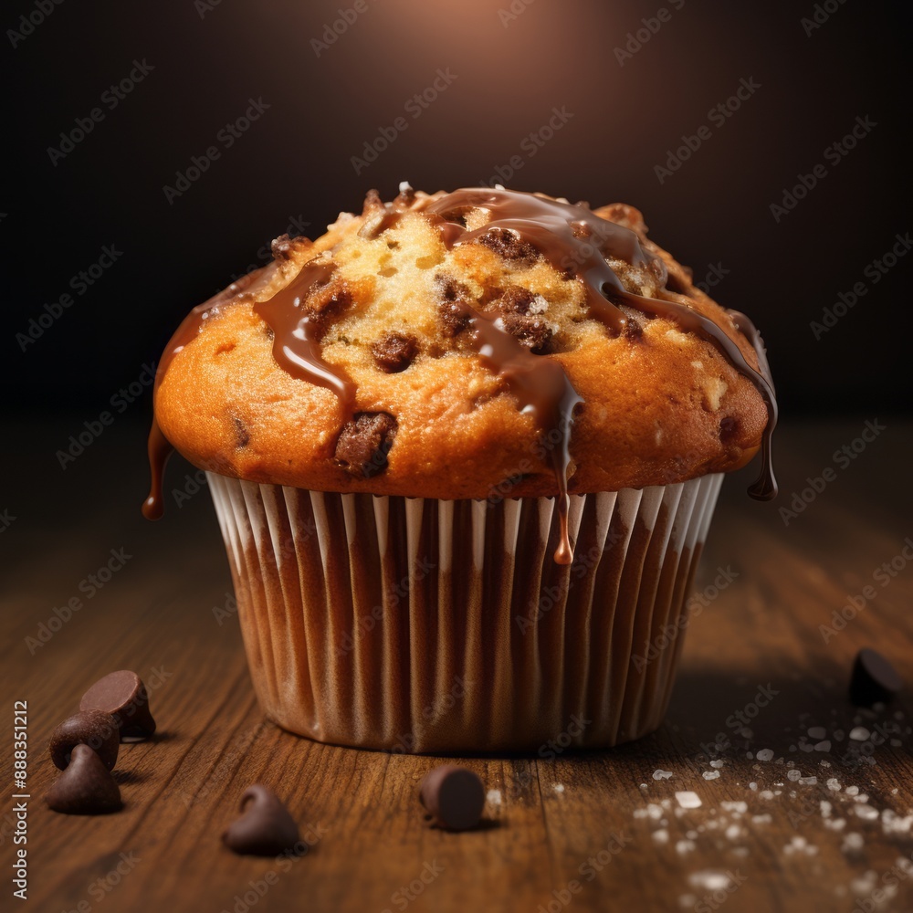 A freshly baked chocolate chip muffin sits on a wooden surface A freshly baked chocolate chip muffin sits on a wooden surface
