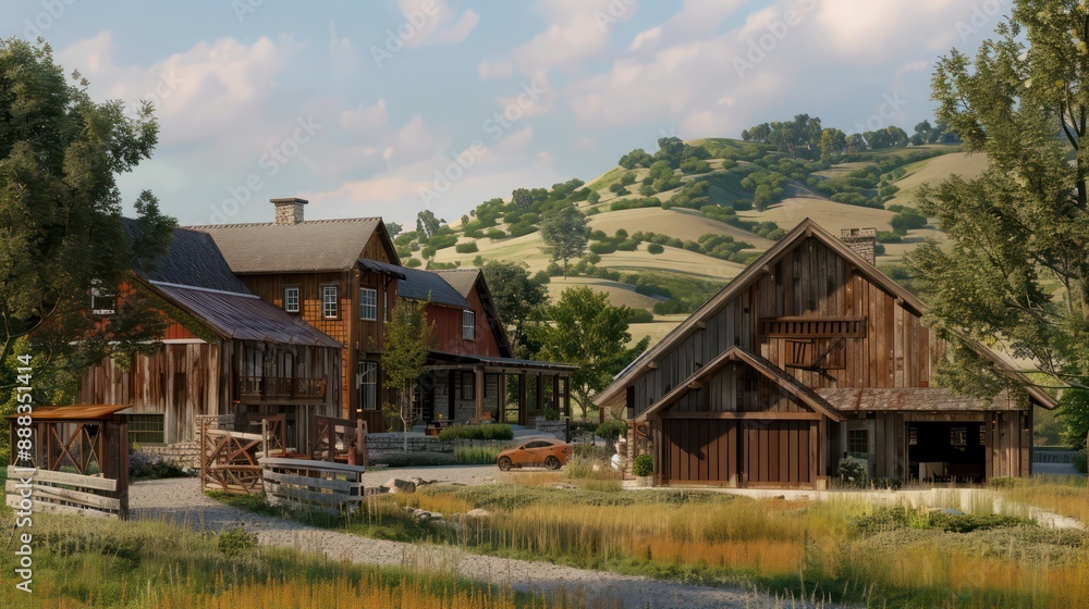 rustic suburban farmhouse with a traditional wooden barn and a modern twist, set against a backdrop of rolling hills rustic suburban farmhouse with a traditional wooden barn and a modern twist, set against a backdrop of rolling hills