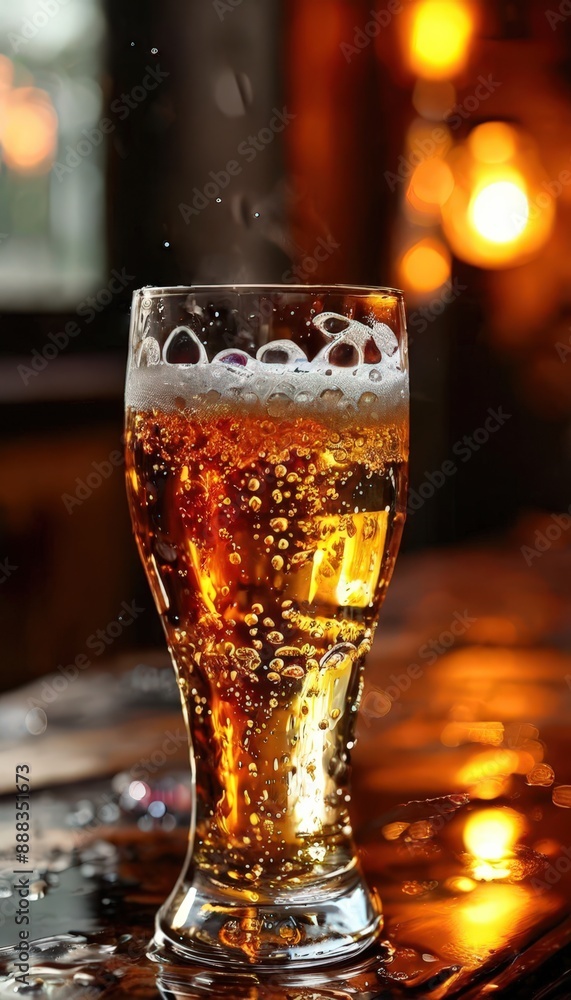 A Tall Beer Glass on a Bar Surface with Foam at the Top and Bottom. A Tall Beer Glass on a Bar Surface with Foam at the Top and Bottom.