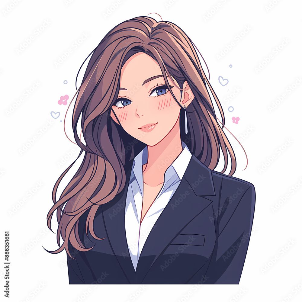 Smiling Young Woman in Business Suit, Blushing and Surrounded by Hearts, Isolated on White Background for Professional and Romantic Themes Smiling Young Woman in Business Suit, Blushing and Surrounded by Hearts, Isolated on White Background for Professional and Romantic Themes