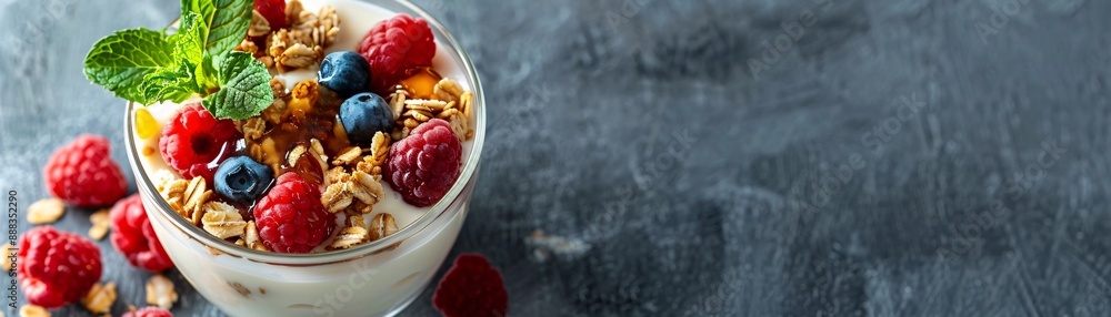 Yogurt with granola, raspberries and blueberries. Yogurt with granola, raspberries and blueberries.